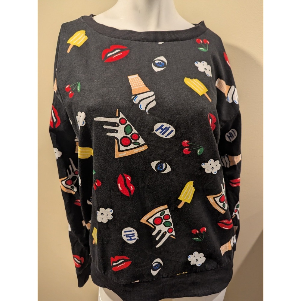 Divided‎ H&M Sweatshirt Top Size M Long Sleeve Crew Neck Cotton Pizza Ice Cream - Picture 1 of 10